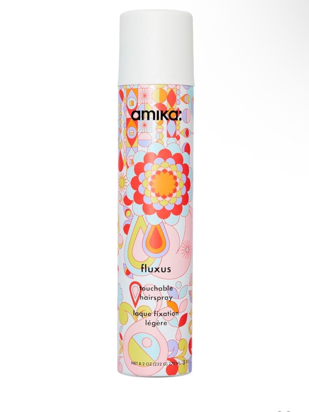 amika Fluxus Touchable Hairspray — Pink, Yellow and Blue Floral Can